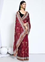 Satin Silk Red Wedding Wear Embroidery Work Saree